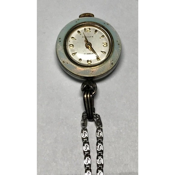 Vintage Fischer 17 Jewels Opalescent Guilloche Enamel & Silver Watch Pendant